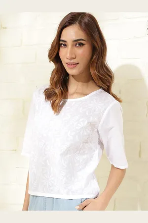 Fabindia Women Embroidered Floral Print Round Neck Cotton Top