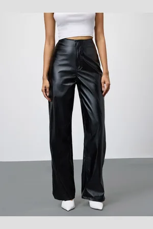 FREAKINS Women Straight Fit High-Rise Slit-Hem Wide Leg Leather Trousers