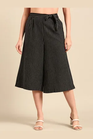De Moza Women Culottes Woven Bottom Yarn Dyed Cotton Black Trousers