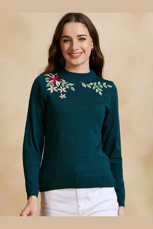 CLAPTON Women Floral Woollen Pullover with Embroidered Detail