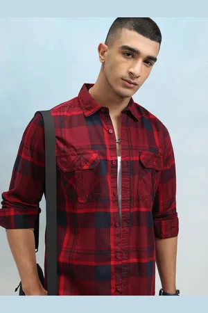 Highlander Men Sulphur Washed Printed Checked Utility Pocket Casual Shirt