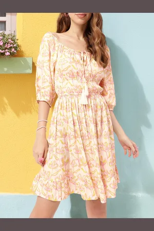 DressBerry Dreamy Holiday Floral Printed Cinched Waist Off-Shoulder A-Line Mini Dress
