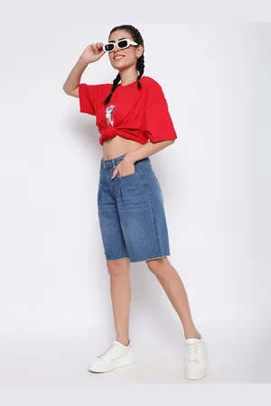 Belliskey Women Washed High Rise Denim Shorts