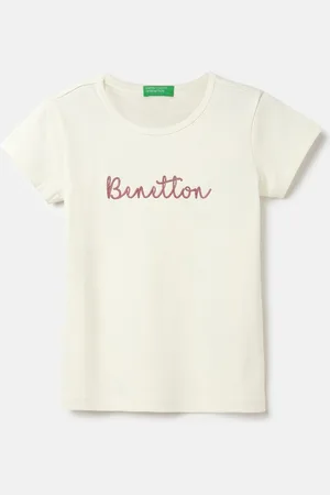 Benetton Girls Typography Printed Pure Cotton Applique T-shirt