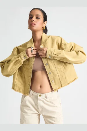 FREAKINS Women Solid Crop Denim Jacket