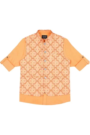 CAVIO Boys Printed Pure Cotton Mandarin Collar Slim Fit Nehru Jacket With Shirt