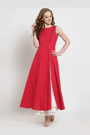 Sera Red Boat Neck Geometric Printed A-Line Kurta