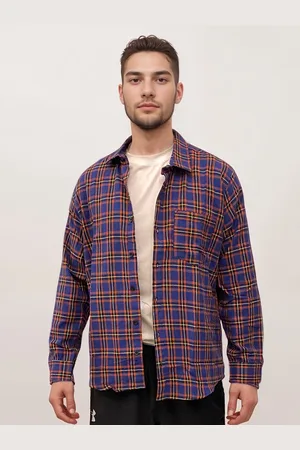 IZF Men Spread Collar Tartan Checked Cotton Relaxed Fit Casual Shirt