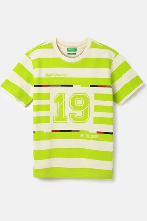 Benetton Boys Striped V-Neck Pure Cotton Applique T-shirt