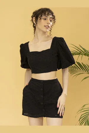 DressBerry Self Design Pure Cotton Flared Sleeves Schiffli Top & Skirt