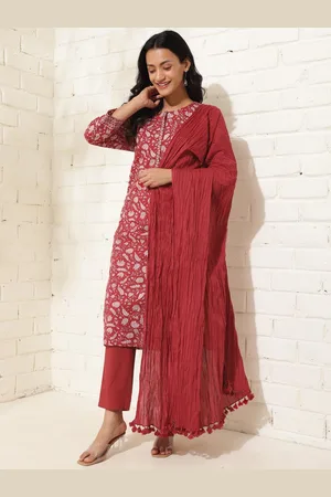 Fabindia Floral Printed Regular Pure Cotton Straight Kurta with Trousers & Dupatta