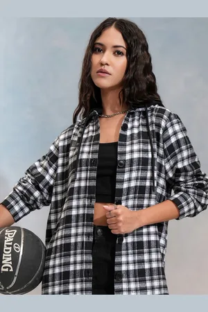 Tokyo Talkies Women Black & White Printed Hooded Overshirt