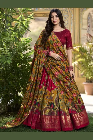 LOOKNBOOK ART Printed Kalamkari Ready to Wear Lehenga & Unstitched Blouse With Dupatta