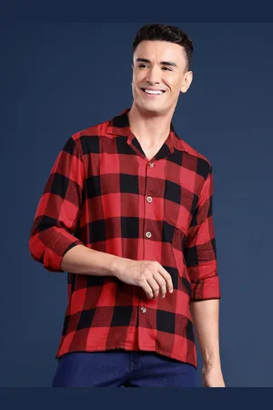 HANCOCK Men Checked Cuban Collar Relaxed Fit Pure Cotton Casual Shacket
