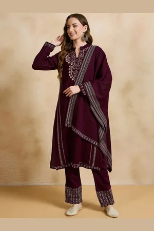 CLAPTON Floral Embroidered Thread Work Pure Woollen Straight Kurta With Trousers & Dupatta