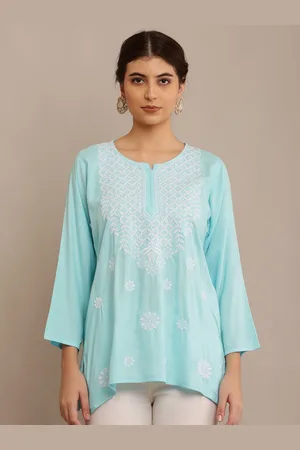 FAWOMENT Women Floral Printed Embroidered Round Neck Top