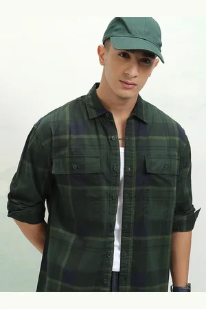 Highlander Men Sulphur Washed Printed Checked Stylised Pocket Oversized Shirt