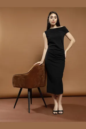 ATHENA Women Solid Off-Shoulder Bodycon Midi Dress