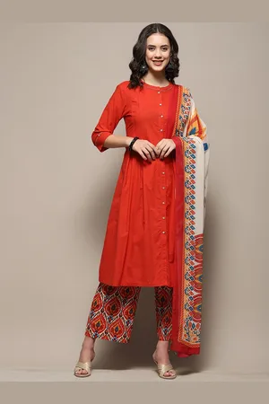 Biba Band Collar Pure Cotton Anarkali Kurta With Trousers & Dupatta