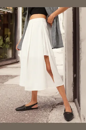 DressBerry Women Feminine Chic In Seersucker Side Slit A-Line Midi Skirt