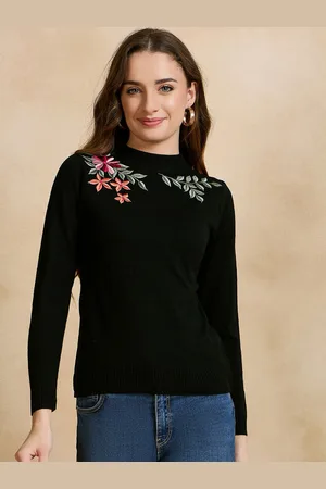CLAPTON Women Floral Woollen Pullover with Embroidered Detail