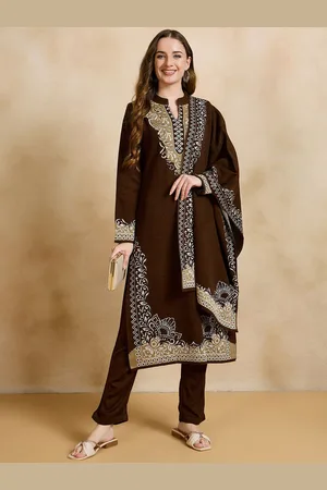 CLAPTON Floral Embroidered Pure Woollen Straight Kurta With Trousers & Dupatta