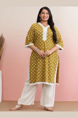anayna Plus Size Geometric Printed Lace Work Pure Cotton Straight Kurta