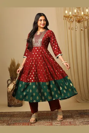 Globus Women Ethnic Motifs Embroidered Panelled Sequinned Kurta with Trousers