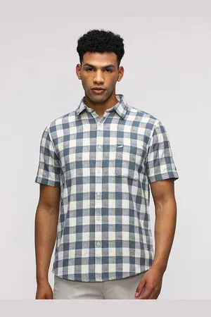 Crocodile Men Comfort Spread Collar Buffalo Checked Cotton Casual Shirt