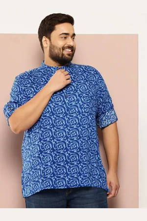 Sztori Men Plus Size Classic Printed Mandarin Collar Roll-Up Sleeves Casual Shirt