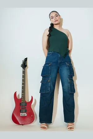 FREAKINS Women Wide Leg High-Rise Light Fade Cotton Cargo Jeans