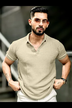 Maniac Men Self Design Polo Collar Cotton Slim Fit T-shirt