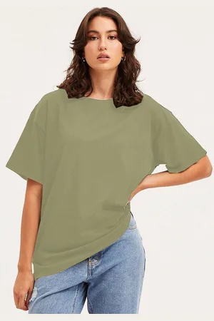 clafoutis Women Solid Round Neck Cotton Relaxed Fit T-shirt