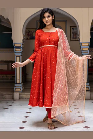 HERE&NOW Geometric Printed Chanderi Silk Anarkali Kurta With Trousers & Dupatta