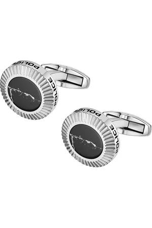 Police Men Silver-Plated Textured Round Cufflink