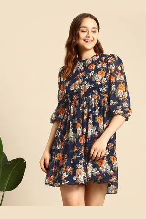 Mast & Harbour Floral Print Puff Sleeves A-Line Mini Dress