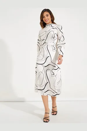 Styli High Neck Belted A-Line Midi Dress with Puff Sleeves