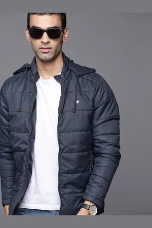 Louis Philippe Men Navy Blue Padded Jacket with Detachable Hood