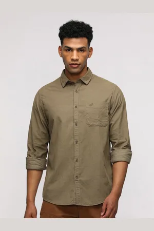 Crocodile Men Comfort Spread Collar Solid Cotton Casual Shirt