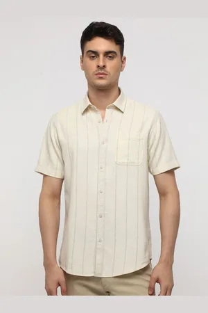 Crocodile Men Comfort Spread Collar Striped Cotton Casual Shirt