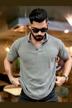 Maniac Men Self Design Polo Collar Cotton Slim Fit T-shirt