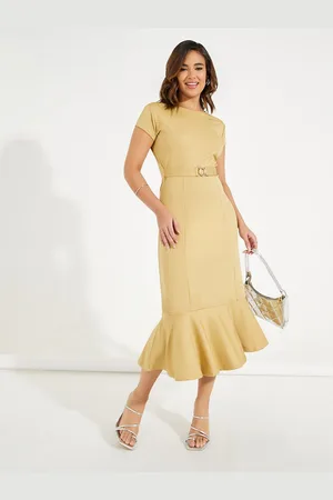 Styli Knitted Frill Hem Belted Sheath Midi Dress