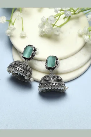Biba Silver-Plated Stone Studded & Beaded Contemporary Oxidised Jhumkas