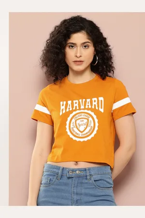 HARVARD Women Brand Logo Printed Pure Cotton Crop T-shirt