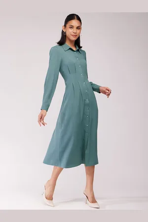 FableStreet Women Shirt Collar Cuffed Sleeves Shirt Midi Dress
