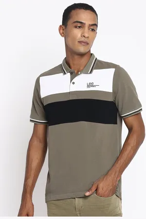 Lee Men Olive Green Striped Polo Collar Slim Fit T-shirt