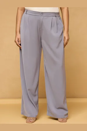 FREAKINS Plus Size Women Light Grey Pleated Straight Fit Curve Korean Pant