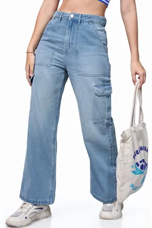 Bewakoof Women Straight Fit High-Rise Light Fade Cotton Cargo Jeans
