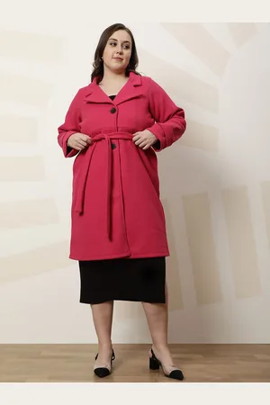 ATHENA Plus Size Solid Notched Lapel Longline Overcoat With Tie Up Waist