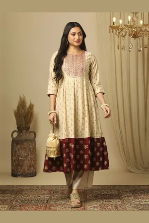 Globus Women Ethnic Motifs Embroidered Panelled Thread Work Kurta with Trousers